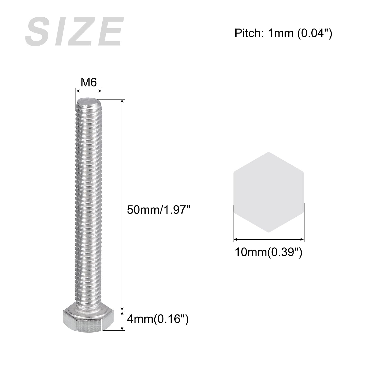 METALLIXITY Hex Bolts (M6-1x50mm) 20Pcs, 304 Stainless Steel Coarse Fully Threaded Hex Head Screw Bolt Machine Screws - Image 2