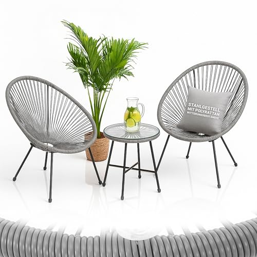 Juskys Balkonmöbel Set Ostana 3-teilig - Tisch & 2 Sessel - stilvolle Sitzgruppe für Balkon, Terrasse & Garten - Gartenmöbel Balkonset Hellgrau