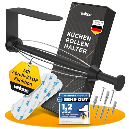 VETENE Premium Küchenrollenhalter ohne Bohren (Zum Einhändig Abreißen) Edelstahl Schwarz mit Abroll-Stop Zewa Rollenhalter Küchenpapierhalter