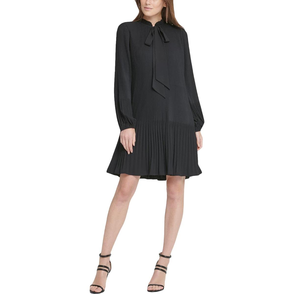 Women's Long Sleeve Tie Neck Pleated Dress