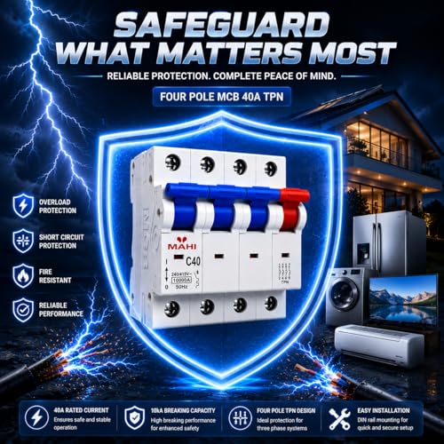 Image of MAHI 40A Four Pole MCB C Curve, Miniature Circuit Breaker with Overload & Short Circuit Protection, 40A Breaking Capacity, Durable Polycarbonate Body for Home & Industrial Use