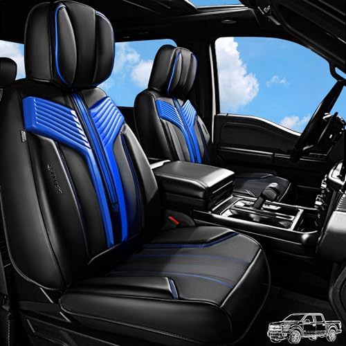 Image of CAR PASS Nappa Leather Seat Covers, Breathable Waterproof Car Seat Covers Full Set, Luxury Leather Front and Back Seats Full Coverage, Universal Fit SUV Pick-up Truck Sedan Automotive(Black Blue)