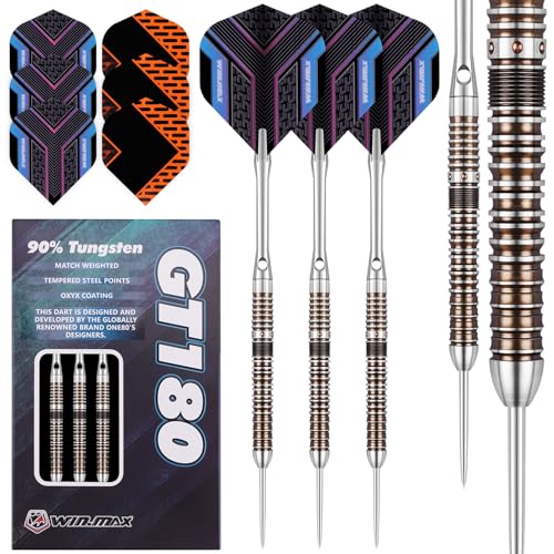 WIN.MAX Darts Metal Tip Set - 90% Tungsten Steel Tip Darts Set Professional 20/22/23/24/26/28 Grams Pro Dart Set with Extra 3 Flights Steel Darts Black 22G