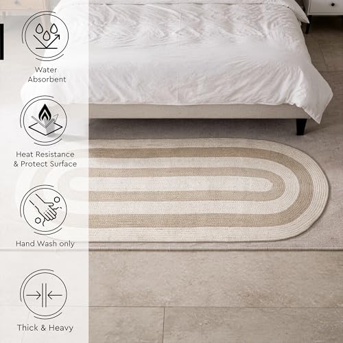 Image of Encasa XO Oval Braided Rug for Living Room & Bedroom | Cotton Blend Reversible Floor Carpet | Handwoven Natural Fiber Carpet | Washable Area Rug for Home Decor | Beige & Off-White (60x150 cm) | 2x5 Ft