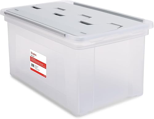 STAPLES Carpeta de archivos colgantes, organizador de contenedores de almacenamiento, tapa de ala, documentos de tamaño carta, gristransparente