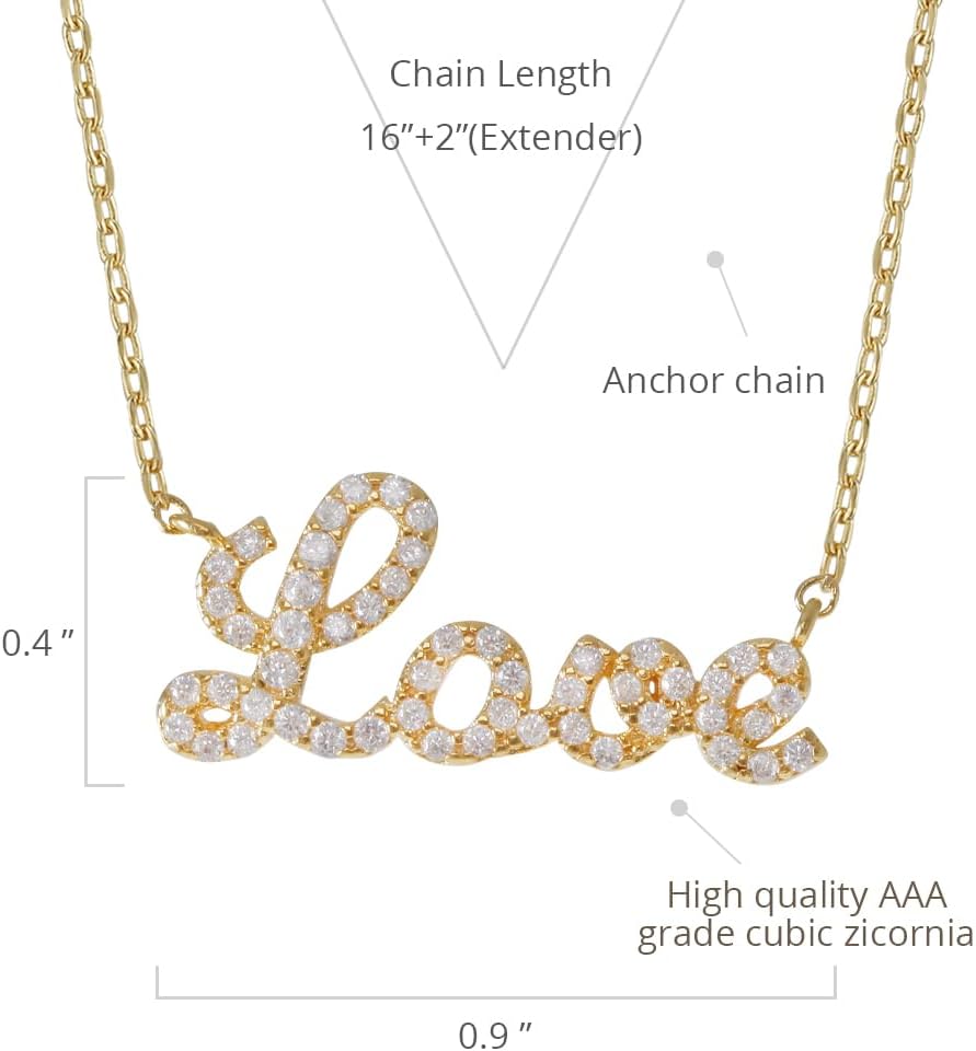 Pavé LOVE Necklace - MUSTHAVE 18K Gold Plated Crystal Letter Pendant, Dainty Romantic Jewelry for Women, Cute Valentine Gift, Minimalist Layering Necklace, Message Card, 16+2 inch, Gift for Her (Yellow Gold) - Image 2