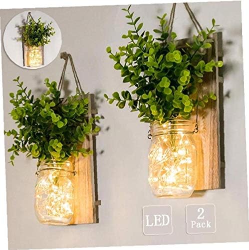 2 Packs Rustic Vintage Mason Jar Sconces, Decorative Chic Hanging Wall Decor Wall Light with LED Strip Lights,Silk Hydrangea, Iron Hooks Loft Kitchen Living Room (Green)