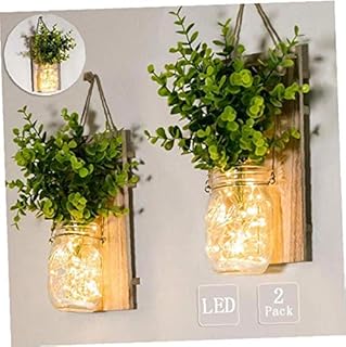 2 Packs Rustic Vintage Mason Jar Sconces, Decorative Chic Hanging Wall Decor Wall Light with LED Strip Lights,Silk Hydrangea, Iron Hooks Loft Kitchen Living Room (Green)