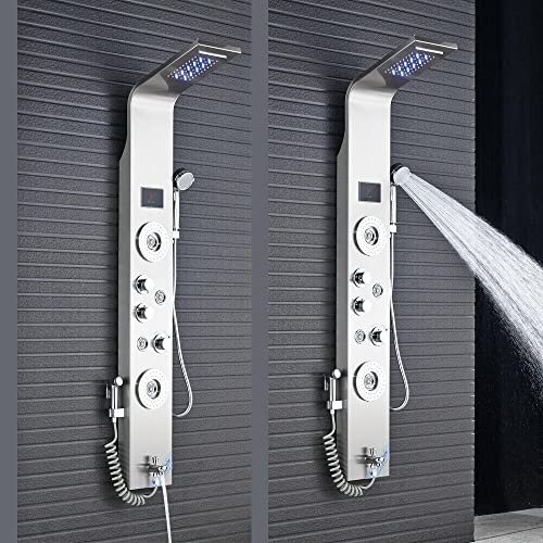 Panel de ducha con LED en níquel cepillado, torre con jets de masaje y cascada tipo lluvia miniatura 3