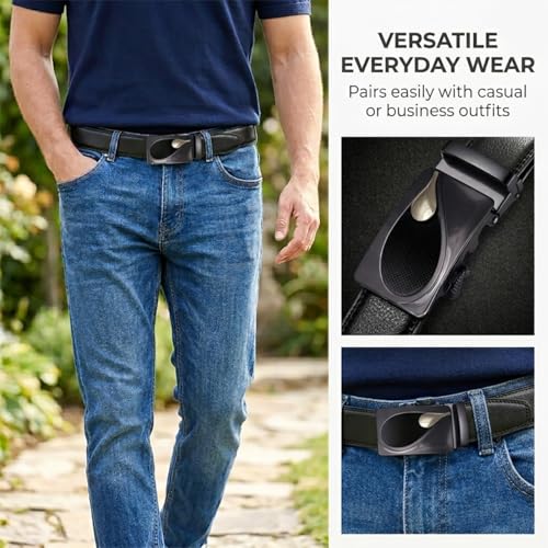 Image of JINIU Men's Ratchet Belt Buckle, Black Genuine Leather Slide Belt for Men Dress Suit, Micro Adjustable Trim to Fit Boxed