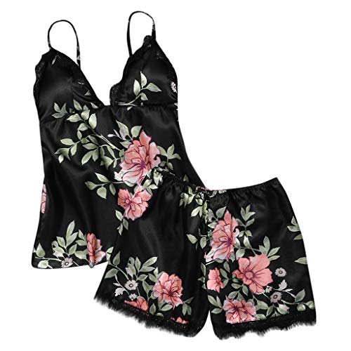 Proumy Pijama Negra Floral Mujer Verano Bata Sexy de Talla Grande Conjunto de Ropa de Dormir Cuello V Transparente Camisola Larga con Calzoncillos Cortos Traje de Noche Vestido de Cama Dos Piezas Cover