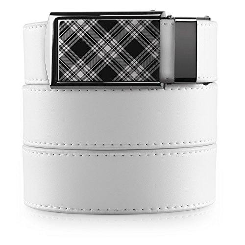 SlideBelts Men's Golf Ratchet Belt - Custom Fit (One Size, White with Plaid Buckle (Vegan)