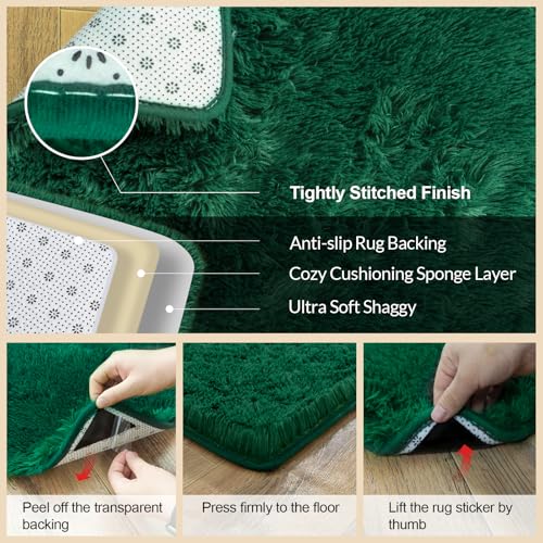 4x6 Rugs for Living Room, Large Fluffy Dark Green Area Rugs for Bedroom, Soft Carpet Shag Kids Rug with 4 Non-Slip Rug Pads (4ft x 6ft, Dark Green)
