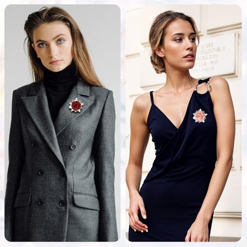 Image of Oruola 2pcs Handmade Satin Fabric Flower, Elegant Red and Pink Rose Brooches and Pins for Women Crystal Pearl Pins Boutonniere for Clothes Fashion Accessories