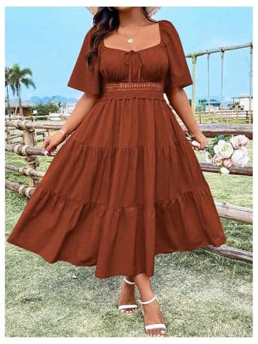 Women's Plus Size Ruffle Flowy Dress Summer Boho Square Neck Ruched Milkmaid Dress Tie Front A Line Maxi Sundress3