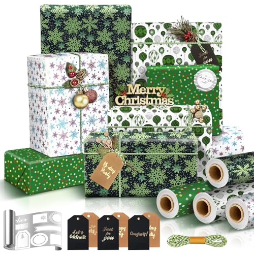 Papel Regalo Navidad, 4 Rollo Papel Regalo Navidad, Papel Embrulho Natal, Papel Regalo Navidads Rollo Grande, Christmas Wrapping Paper, Rollos Papel Kraft Blanco, 43 cm x 3m, Regalos de Reyes Magos