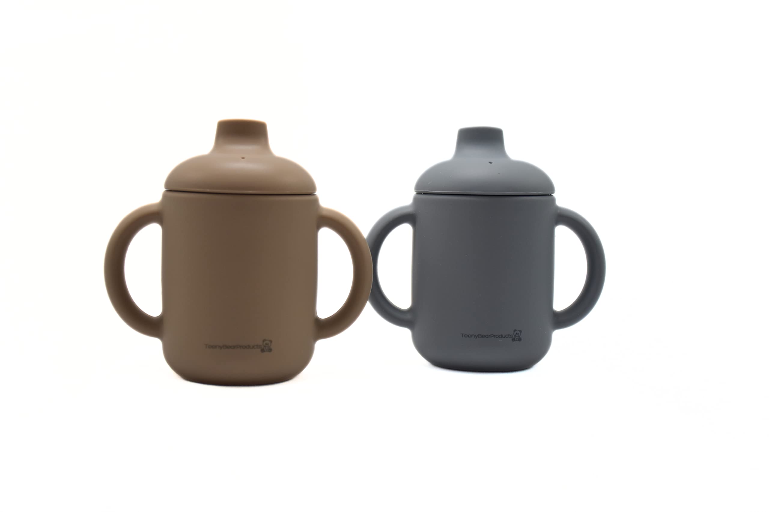 Silicone Sippy Cup, 4oz, Training Cup With Non Slip Handles, 100% Food Grade Silicone (Slate & Warm Taupe, 2)