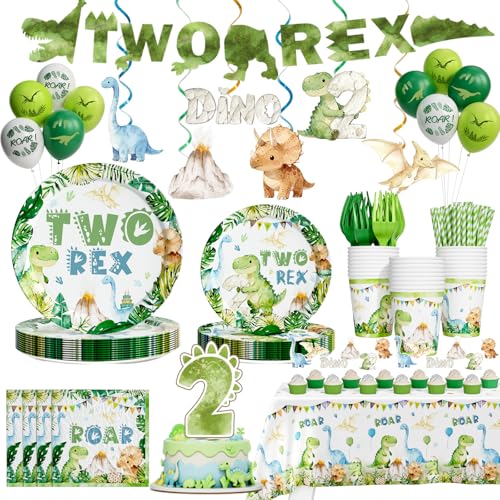Hombae Two Rex Birthday Decorations Boy Dinosaur 2nd Birthday Party Supplies with 2 Rex Tableware Plates Napkins Hanging Swirls for Boys 2 Year Old Dino Theme Party Serves 24