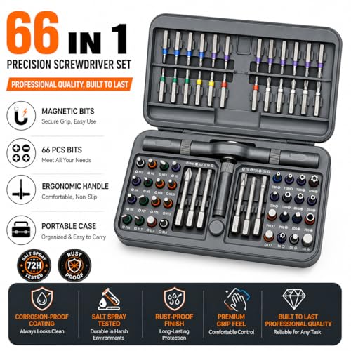 Image of DYLIFE 66 in 1 Magnetic Ratcheting Screwdriver Set with Detachable Handle, S2 Steel Bits, Flexible Shaft for Electronics, Computer, Furniture, Bike, DIY
