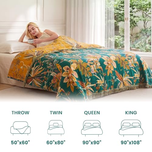 Image of MSGKV Boho Throw Blanket 60 inchx80 inch 100% Cotton Floral Muslin Blanket for Sofa