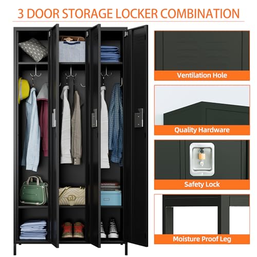 Image of Aobabo Metal Office Storage Lockers 3 Door Lockable Locker Cabinet, 72 Inch Tall Storage for Employee,Home Office,Gym,School, Black, Assembly Required