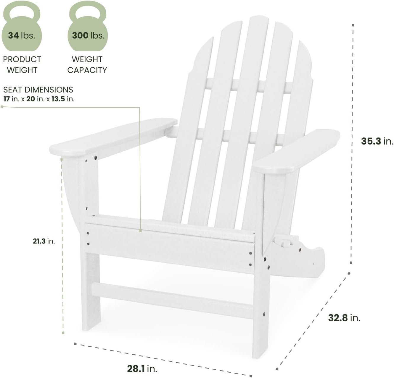 Hanover Classic Adirondack Chair, All-Weather HDPE Outdoor Furniture, Eco-Friendly, Durable Outdoor Patio Seating, White