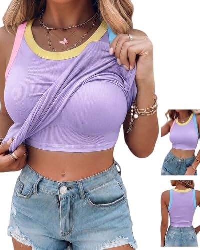 Image of CHICME Womens Sleeveless Ribbed Built in Bra Tank Tops | Color-Block, Crewneck Padded Racerback Shirts, Slim Fit, High Stretch Fabric, Casual Basic Tank for Going Out & Layering