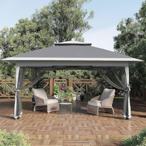 Pergola jardín exterior 12 x 12 FT gris antracita con doble techo, cenador mosquitero marco acero, impermeable anti-UV50+, terraza mirador para jardín, barbacoa, recepción