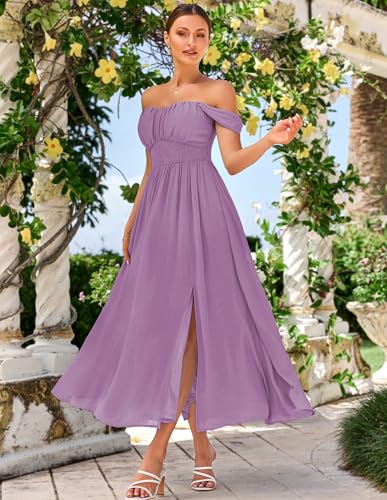 Image of GRACE KARIN 2026 Women's Summer Floral Wedding Guest Dress,Beach Flowy A Line Maxi Off Shoulder Bridesmaid Dresses
