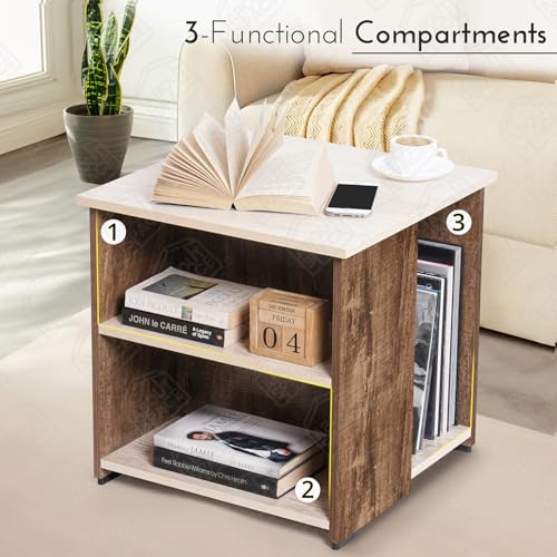 Image of ABOUT SPACE Coffee Table - Wooden Center Table with Storage, Teapoy Table for Living Room, Engineered Wood End Table | Side Table for Hall, Lounge, Office, Home - Oak & Walnut (L 50 x B 50 x H 51 cm)