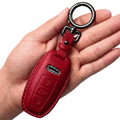 Tukellen for Audi Key Fob Cover Leather with Keychain,Leather Key Case Protector Compatible with 2019 2020 2021 2022 A3 A6 A7 E-Tron A8 Q8 Keyless Smart Key Fob-Red
