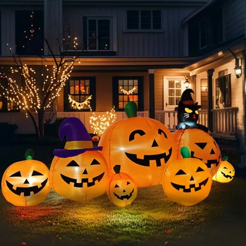 Image of 8 FT Long Halloween Inflatables Pumpkin Outdoor Decorations, 7 Pumpkins Outside Decoration with Black Cat with Build-in LEDs Blow Up Inflatables for Party Yard Lawn Garden Decor