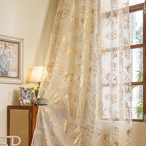 Deeprove Cream and Gold Sheer Curtains 84 inches Long 2 Panels for Bedroom Patio Decor Metallic Foil Feather Patterned Print Golden Window Treatments 84 Inch Length Pair Drapes W52 x L84 Inch