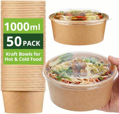 Ask Packaging 50 x 1000ml Kraft Salad Paper Bowls with Lids Takeaway Containers for Hot & Cold Food Leak-Resistant Soup Bowls Disposable Food Containers for Restaurants & Meal Prep