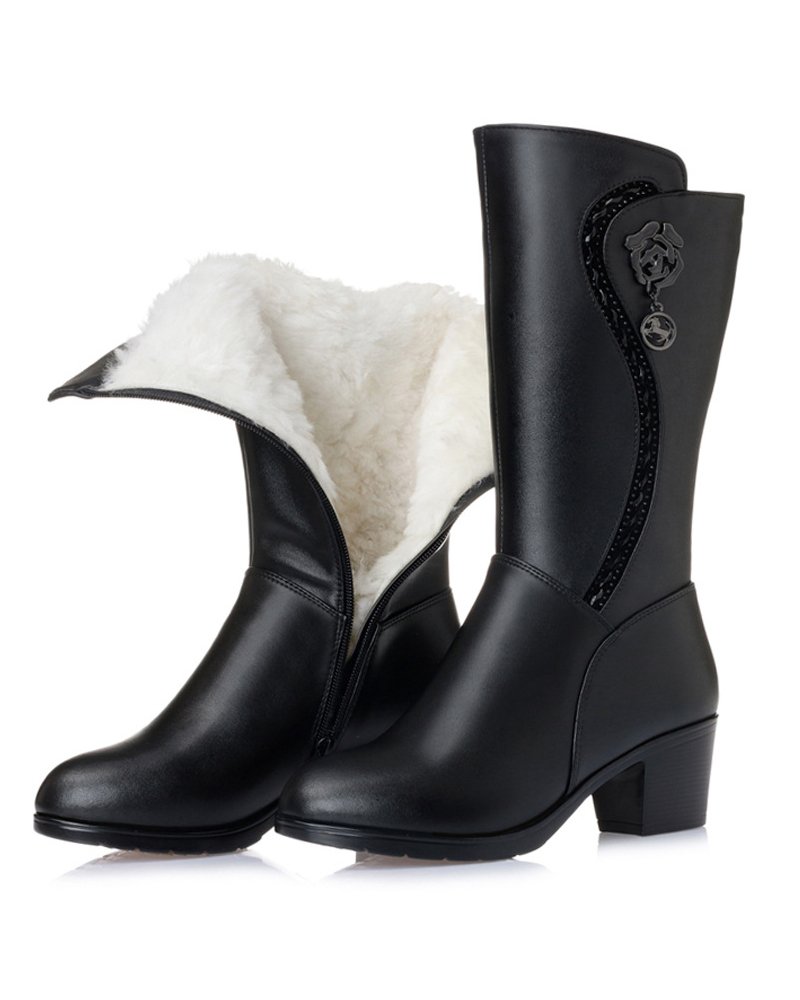 Duberess Womens Wool Lined Warm Winter Anti Slip Zip Chunky Heel Fashion Classic Mid-calf Boots