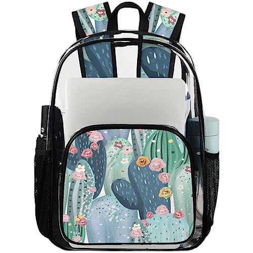 Tropical Cactus Pattern Theme Clear Backpack, Clear Backpack Stadium Approved, PVC Backpack, Clear Backpacks for Adults, Clear Backpack Heavy Duty, Clear Bag, for Work Security Travel College