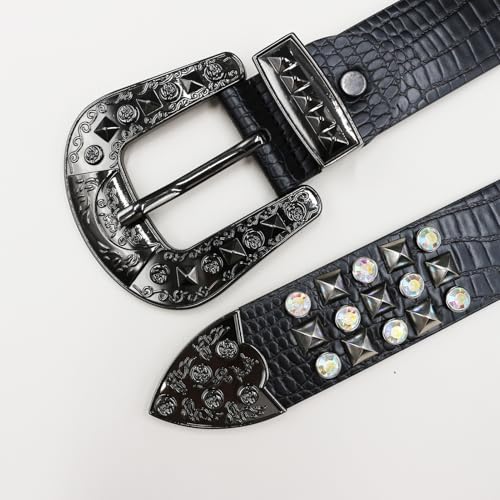 Crocodile Pattern Embossed Studded Belt,Shiny Rhinestone Four-Jaw Square Rivets Western Waist Strap for Women Men 7