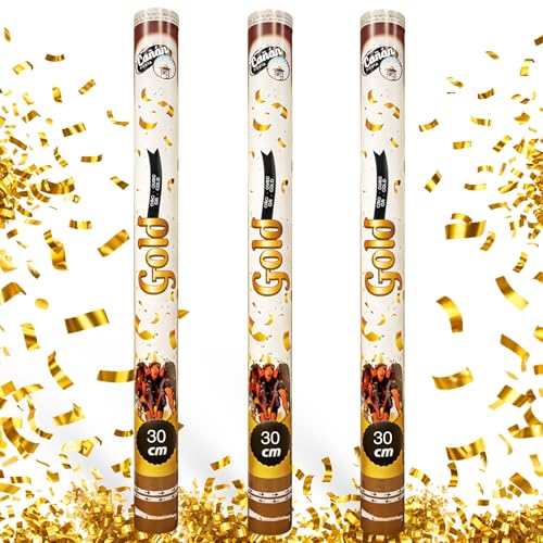 Cañón Confeti Boda, Cañón para fiestas y eventos, Fáciles y Seguros de Usar, Apto para bodas, eventos, celebraciones, Uso interior y Exterior, Diseño Metalizado Dorado, 30 cm, Pack de 3 unidades