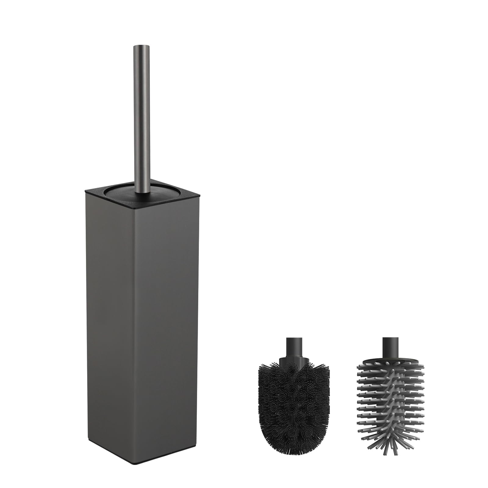 BVL WC Bürsten & Halter Grau, Metall Toilettenbürste Inklusive 2 Bürstenköpfe, Freistehende Quadratisch Silikon Toilettenbürste für das Badezimmer