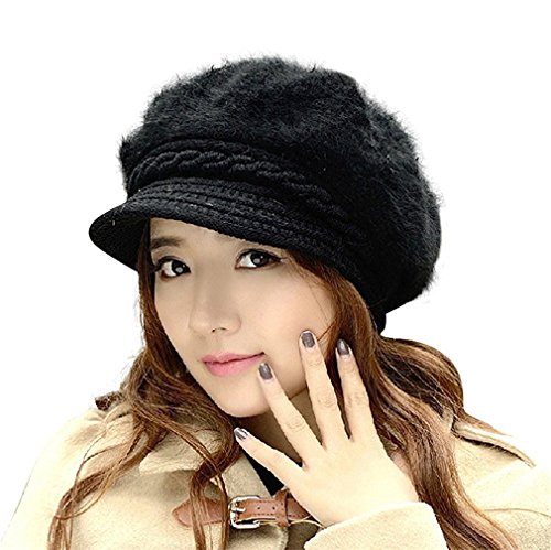 Kafeimali Women Fluffy Hats Crochet Wool Knit Winter Warm Snow Cap with Visor (Black)