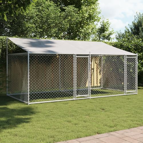 IKAYAA Recinto per Cani da Esterno con Tetto e Porte Doppie - Box in Acciaio Zincato - 4x2x2 m