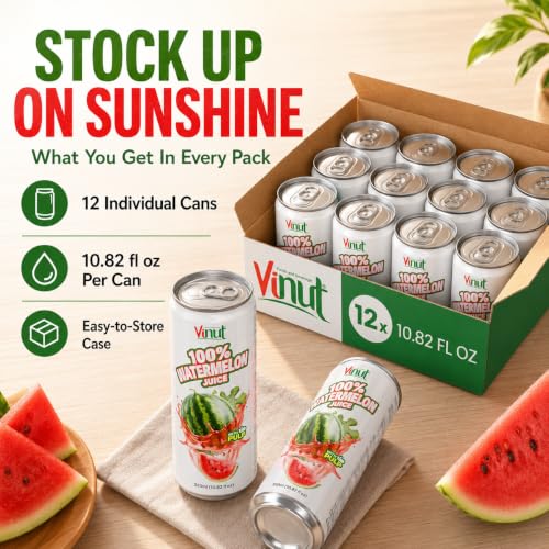 Image of VINUT 100% Watermelon Juice with Pulp, Hydrating Electrolyte Drink, No Added Sugar, Not From Concentrate, Gluten Free & Non-GMO Drink, 100% Vegan /Plant-Based, 10.82 fl oz Cans (Pack of 24)