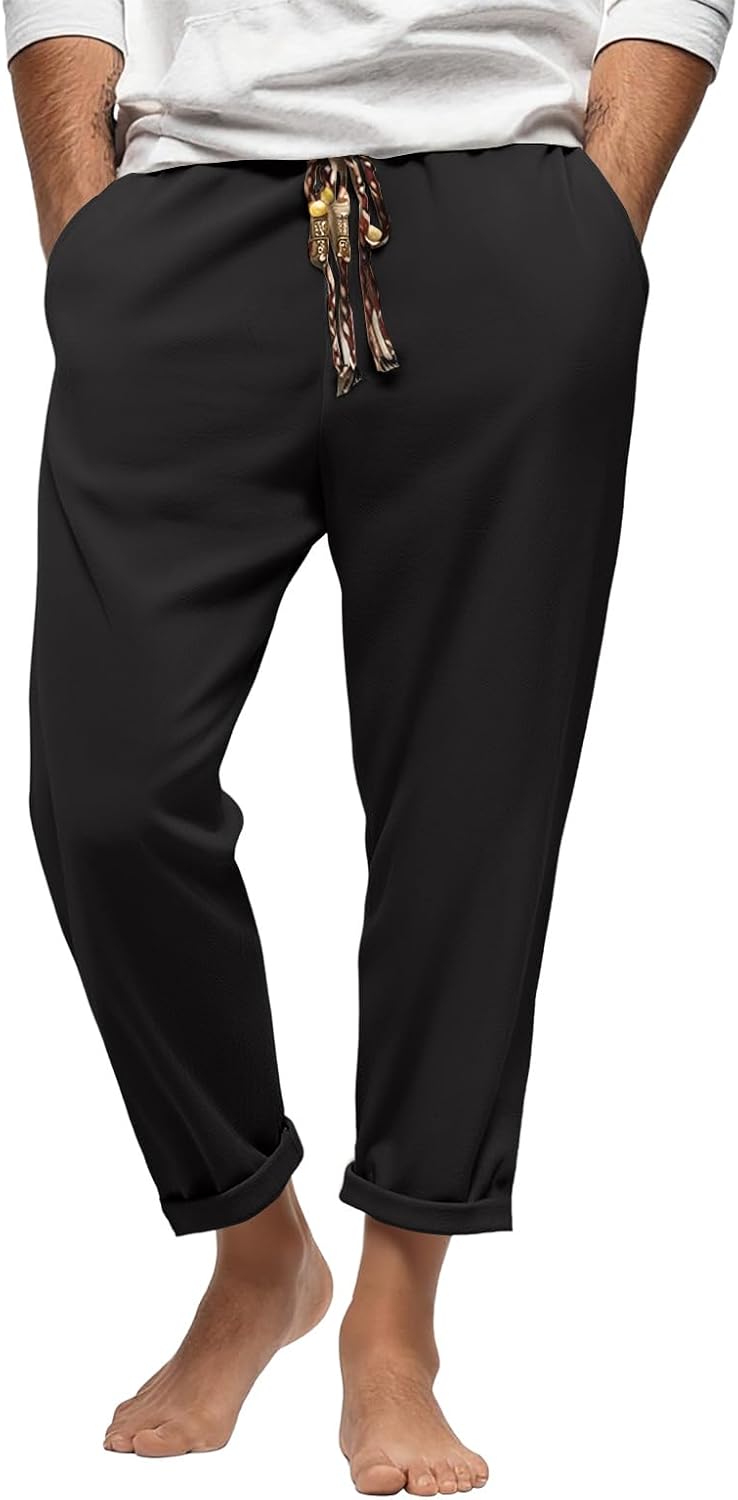 Mens Vintage Ethnic Patchwork Lounge Pants Casual Elastic Waist Drawstring Loose Workout Beach Trousers with Pockets