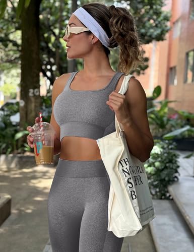 Image of OLCHEE Womens Workout Sets 2 Piece Seamless Square Neck Sports Bra Padded Butt Lifting Leggings High Waist Yoga Gym Outfits