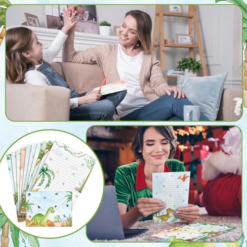 Image of TaoBary 160 Pcs Watercolor Dinosaur Stationery Paper and Envelopes Set 50 Double Sided Lined Stationery Paper & 50 Matching Envelopes and 60 Round Dot Sticker 5.5 x 8.25'' Letter Writing Kit, 10design