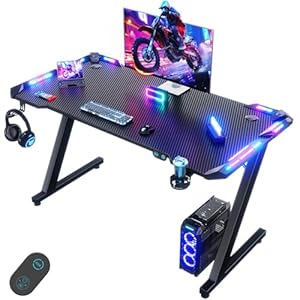 Devoko 120 x 60 cm Gaming Tisch, Gaming Schreibtisch mit LED, Kohlefaser-Oberfläche, Ergonomic Gamer Tisch with Drink Holder, Headphone Hook, Stabiler Computertisch