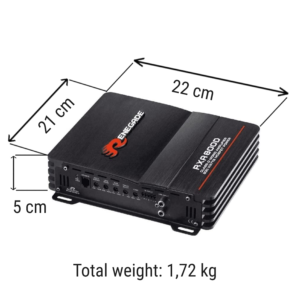1 amplificador mono RENEGADE RXA800D RXA 800 D 1 canal clase d 400 vatios rms 800 vatios máx con bass boost específico para subwoofer, 1 pieza