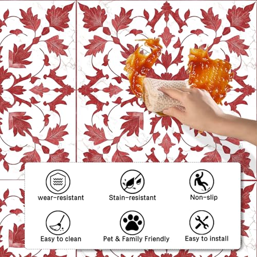 Image of Nuxovilar Peel and Stick Vinyl Floor Tiles, 11.8 inchx11.8 inch | Red Leaf Floral Pattern, 10-Pack Self-Adhesive Flooring