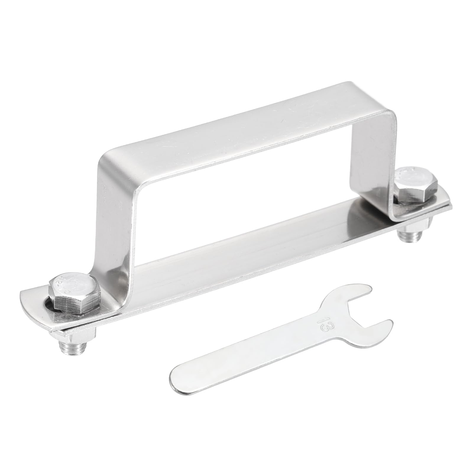sourcing map U Shape Square Tube Clamp, 80x40mm U Shaped Bracket 304 Stainless Steel Square Strap Clamp with Bolt Plate Nuts and Wrench for Pipes Door Closed Bar Holder Railings