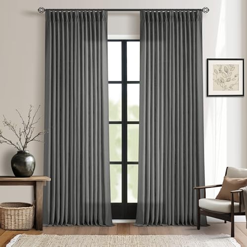 Image of Dark Gray Linen Pinch Pleated Curtains 96 Inches Long for Living Room Pleated Drapes Back Tab Thick Linen Textured Modern Farmhouse Neutral Charcoal Slate Grey 96 Inch Curtain for Dining Bedroom